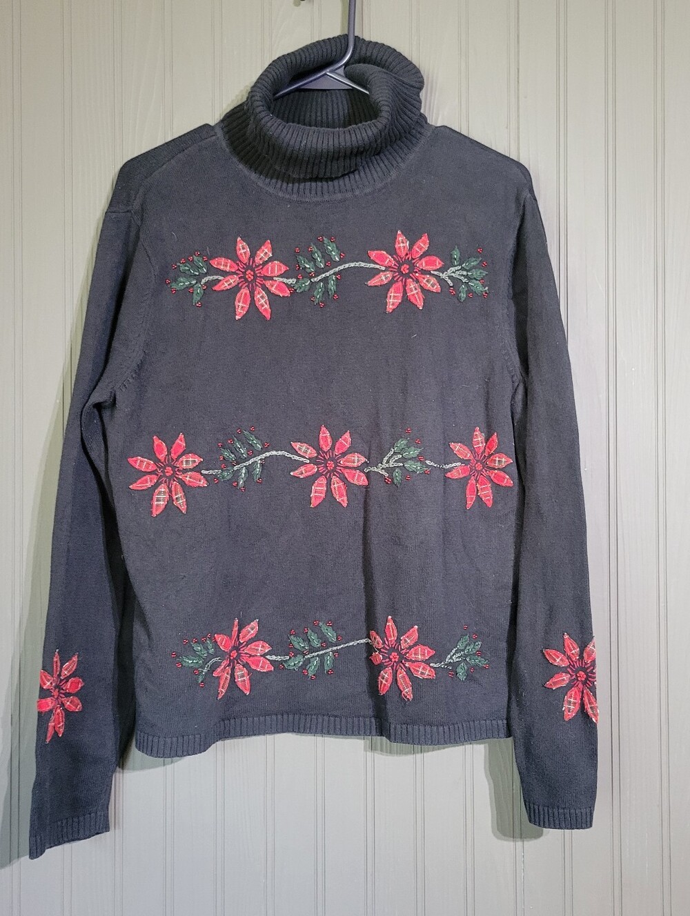 Vintage Talbots Christmas Sweater Turtleneck Poinsettia Black Women's Large